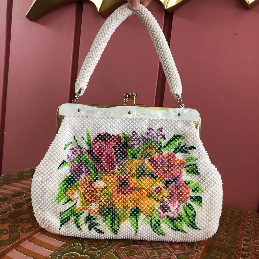 50's/60's Floral Hobnail Beaded Handbag - Evening Bag - Hong Kong - Formal